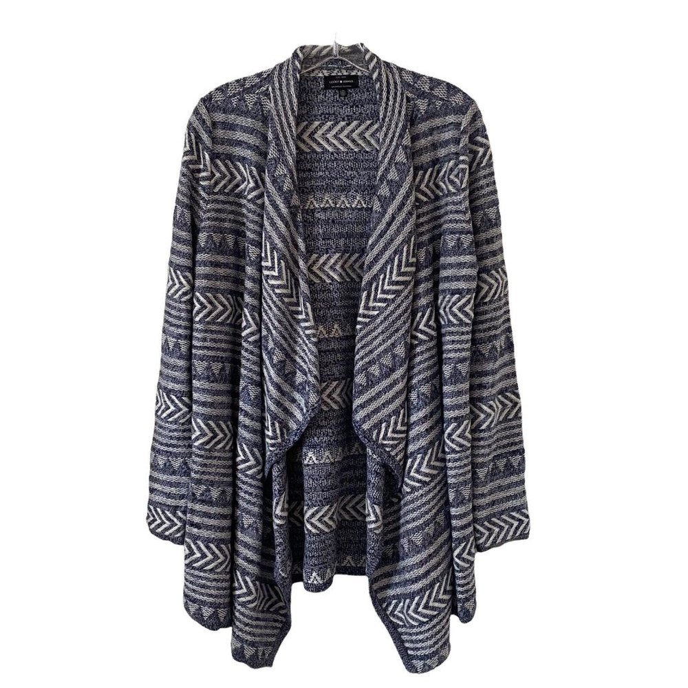 Lucky Brand Women's L Cardigan Sweater Waterfall Open Front Aztec Print Cotton